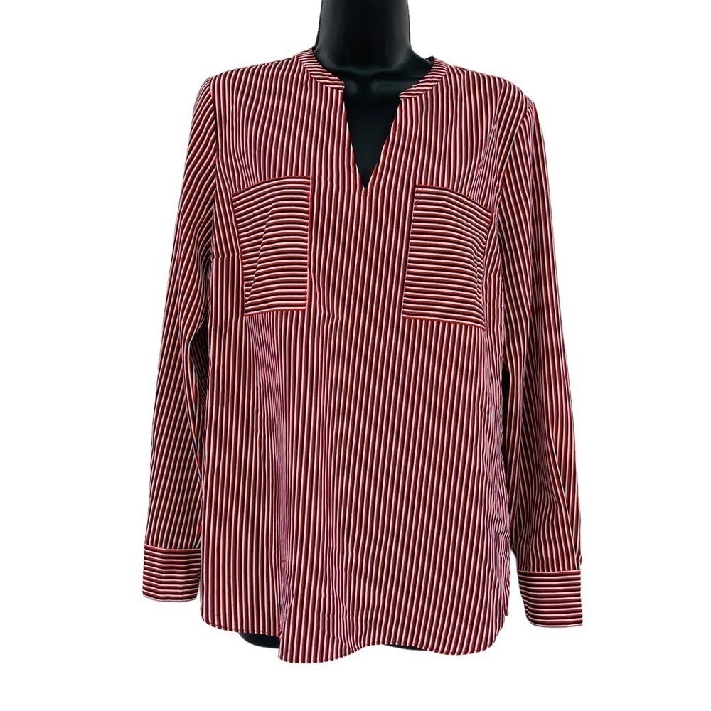 Cabi Stripe Pullover Blouse‎ Womens Small Red White Navy Blue Split Neck Preppy